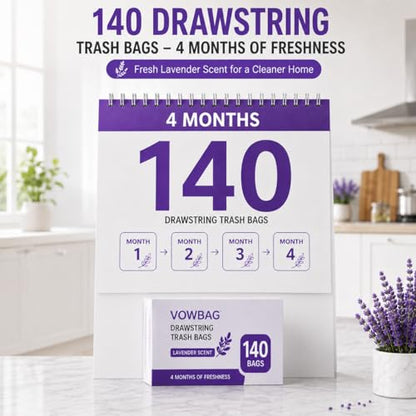 13 Gallon Tall Kitchen Trash Bags, 140 Count Lavender Scented | Drawstring Closure Odor Control Leak Resistant Tear Resistant Easy Tie Handles