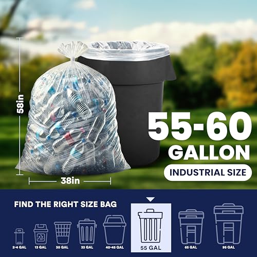 Plasticplace 55-60 gallon Trash Bags │ 1.2 Mil │ Clear Garbage Can Liners │ 38” x 58” (100Count)