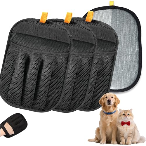 Upgraded 4 Pack Pet Hair Removal Gloves for Cats Dogs, Reusable Electrostatic Pet Hair Remover Gloves, Dual Use for Pet Grooming & Furniture Cleaning, for Couch, Carpet, Clothes, Car Seats | Five-finger flexible fit Cost-effective vs lint roller Rinse cle