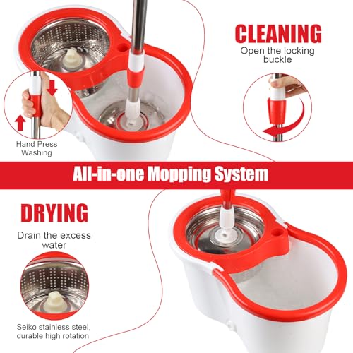 Spin Mop and Bucket with Wringer Set, 360° Spinning Mop Bucket System with 6 Microfiber Mop Replacement Heads and 61" Stainless Steel Adjustable Handle for Floor Cleaning (20QT) - color: White
