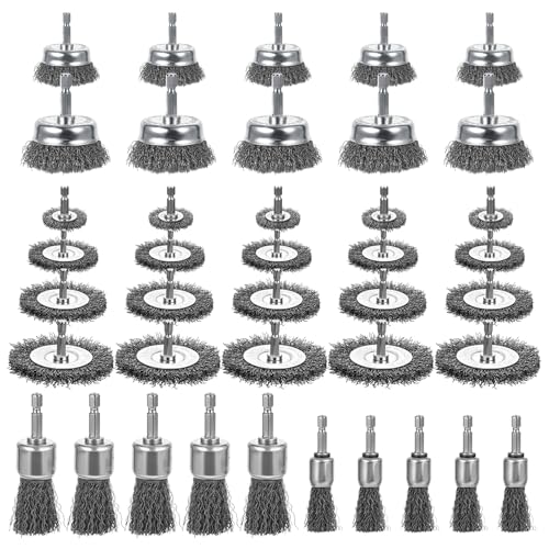 40 Pack Wire Wheel for Drill, 1/4-Inch Carbon Steel Wire Wheel Brush 8 Sizes Round Brushes with Hex Shank for Rust Removal, Corrosion and Scrub Surfaces