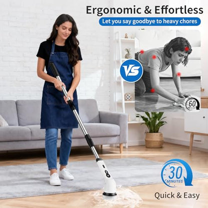 Electric Spin Scrubber, Powered Household Cleaning Brush with 8 Heads & 2 Modes- 52in Extendable Electric Shower Scrubber Deep Cleaner for Bathroom Bathtub Sink Bathroom, IPX7,Father's Day