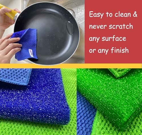 12-Pack Reusable, Scrub Dish Cloth –Non-Scratch Microfiber Scrubber, Planet-Friendly, Easy Rinsing, Quick Dry, Dishwasher Safe Cloth for Kitchen & Household, 5.5 x 5.5 Inch, Blue & Green Assorted