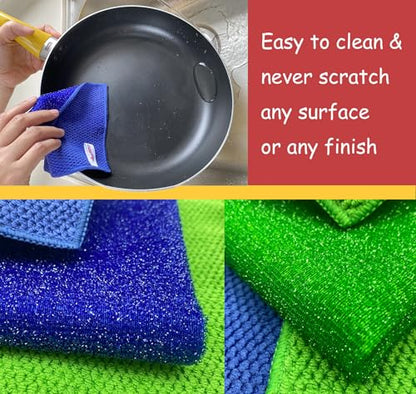 12-Pack Reusable, Scrub Dish Cloth –Non-Scratch Microfiber Scrubber, Planet-Friendly, Easy Rinsing, Quick Dry, Dishwasher Safe Cloth for Kitchen & Household, 5.5 x 5.5 Inch, Blue & Green Assorted