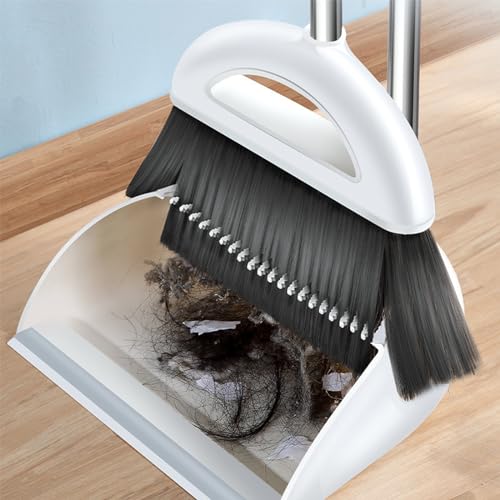 Broom and Dustpan Combo for Office, Broom and Dustpan Set for Home, Long Handle Broom with Upright Standing Dustpan, Indoor & Outdoor Sweeping