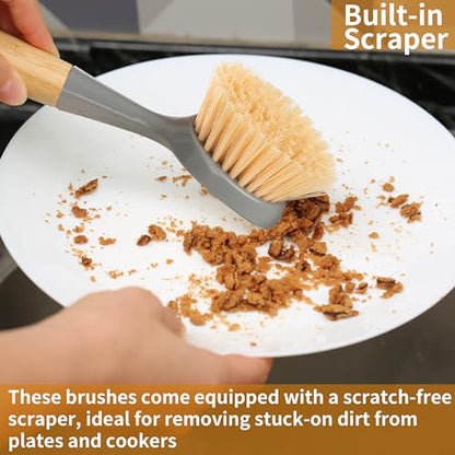 2 Pack Kitchen Dish Brush Bamboo Handle Dish Scrubber Built-in Scraper, Scrub Brush for Pans, Pots, Kitchen Sink Cleaning, Dishwashing and Cleaning Brushes are Perfect Cleaning Tools, Color-Gray - style: Gray