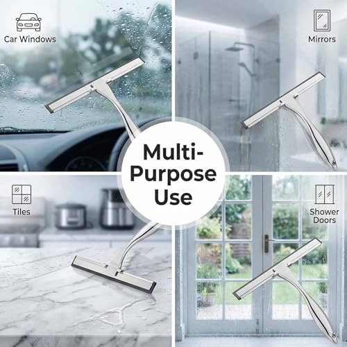 Stainless Steel Shower Squeegee 10 Inch with 2 Adhesive Hooks, Streak-Free Cleaner for Glass Shower Doors, Windows, Mirrors & Tiles