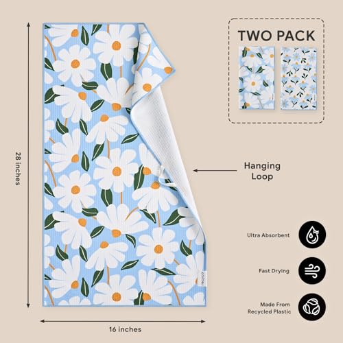 RECYCO Waffle Kitchen Towel Set of 2 - Quick Dry Microfiber Sustainable Dish Towels - Ultra Absorbent Reusable Cleaning Tea Towels - Lightweight Hand Towels,16”x 28”, Daisy Dreams - color: Daisy Dreams