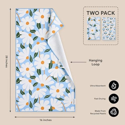 RECYCO Waffle Kitchen Towel Set of 2 - Quick Dry Microfiber Sustainable Dish Towels - Ultra Absorbent Reusable Cleaning Tea Towels - Lightweight Hand Towels,16”x 28”, Daisy Dreams - color: Daisy Dreams