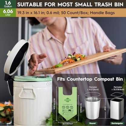 Compostable Trash Bags 1.2-1.6 Gallon Handle Tie 50 Count 0.6 Mil 6.06 Liter Small Compost Bags for Countertop Bin Biodegradable Bags Green for Kitchen ASTM D6400 & BPI Certified, OK Compost Home - color: 1.6 Gal, Handles Bags, 50 Count