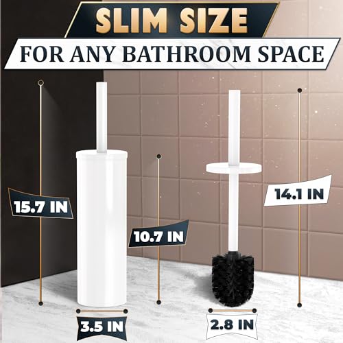 Stainless Steel Toilet Brush and Holder Set White - Long Handle Toilet Bowl Cleaner Brush and Holder - Removable Inner Liner, Shiny Design, Splash Protection & Dense Bristles for Bathroom Cleaning - color: White