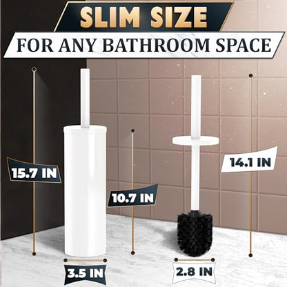 Stainless Steel Toilet Brush and Holder Set White - Long Handle Toilet Bowl Cleaner Brush and Holder - Removable Inner Liner, Shiny Design, Splash Protection & Dense Bristles for Bathroom Cleaning - color: White