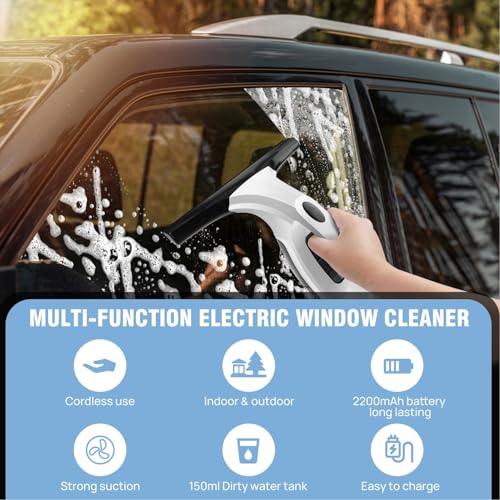 Cryfokt Cordless Window Vacuum Squeegee, Electric Glass Cleaner with Strong Suction, 150Ml Waste Water Tank, Electric Cleaning Kit for High Windows Shower Glass Car Mirrors