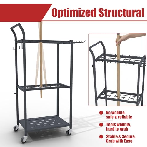 Faesun Garden Tool Organizer with Wheels, Heavy Duty Rolling Yard Tool Rack with 14 Hooks & 5 Slots, 3-Tier Metal Cart Holds 50+ Rakes/Shovels/Brooms, Mobile Lawn Storage for Garage Shed Outdoor - size: Stand-Wheels