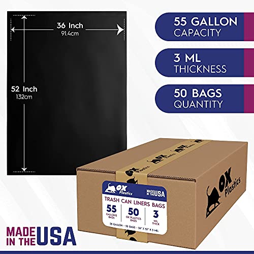55 Gallon Trash Bags Heavy Duty – Large Black Contractor Bags 36x52" – Industrial, Yard Waste, Lawn & Leaf, Construction Garbage Can Liners – Made in USA (3 Mil, 50 Count) - size: 1 Count (Pack of 50)