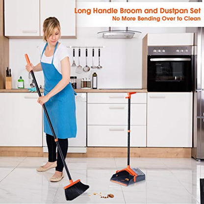 Broom and Dustpan Set, Broom Dustpan with 40"/52" Long Handle, Comb Teeth and Rubber Lip Design, Upright Broom and Dustpan Set for Home Room Office Lobby Floor Use
