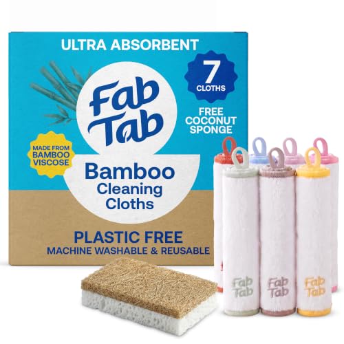 Fab Tab Viscose Made from Bamboo Cleaning Cloths Ultra Absorbent, Reusable Kitchen Cloths, Quick Drying, Non-Scratch, Color Coded Cleaning Cloths, Includes Coconut Sponge, Multicolor, 7-Pack - size: Medium