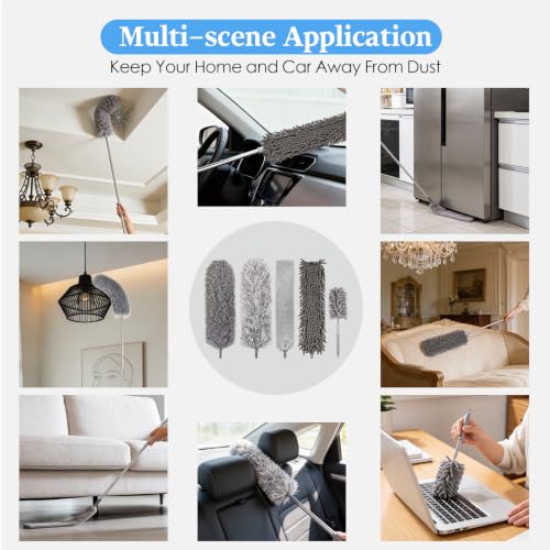 Microfiber Feather Duster Kit with Extension Pole, 7 PCS Washable Reusable Duster for Cleaning, 100'' Bendable Extendable Long Duster with Stainless Steel Pole for High Ceilings, Fans, Furniture & Car - size: 7PCS: Gap Brush & Chenille Duster & Gloves Set