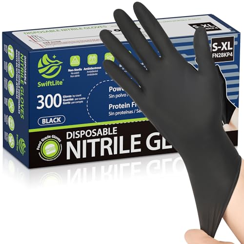 SWIFTLITE Black Nitrile Gloves, Food Safe Disposable Gloves Latex Free, Rubber Gloves Powder Free for Cooking, Kitchen Clean - color: 05-black(small 300)
