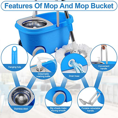 Spin Mop and Bucket with Wringer Set on Wheels, 360° Spinning Mop Bucket System with 3 Microfiber Mop Replacement Heads and 61" Stainless Steel Adjustable Handle for Floor Cleaning (25QT) - color: Blue-2