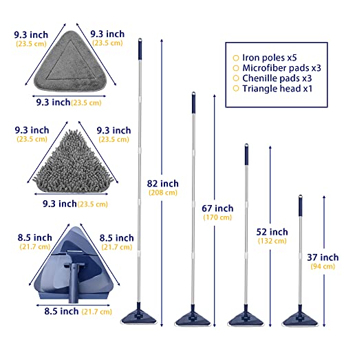 Wall Cleaner Mop with 82" Handle, 360° Rotating Triangle Head and Microfiber Pads, Built-in Squeegee for Ceiling Mop, Baseboard Cleaning and Windows - color: Blue