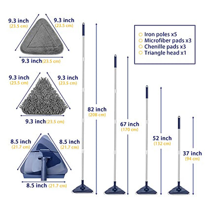 Wall Cleaner Mop with 82" Handle, 360° Rotating Triangle Head and Microfiber Pads, Built-in Squeegee for Ceiling Mop, Baseboard Cleaning and Windows - color: Blue