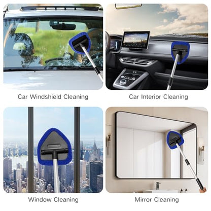 Qydipclin 10pcs Windshield Cleaner Tool, Car Window Cleaning Wash Kit with 4 Reusable Microfiber Pads 1 Spray Bottle and Extendable Handle Auto Glass Wiper Kit, Blue - color: Blue