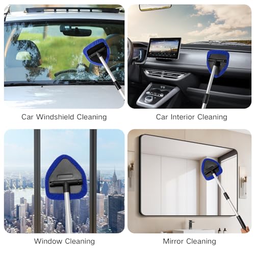 Qydipclin 10pcs Windshield Cleaner Tool, Car Window Cleaning Wash Kit with 4 Reusable Microfiber Pads 1 Spray Bottle and Extendable Handle Auto Glass Wiper Kit, Blue&Green - color: Blue & Green