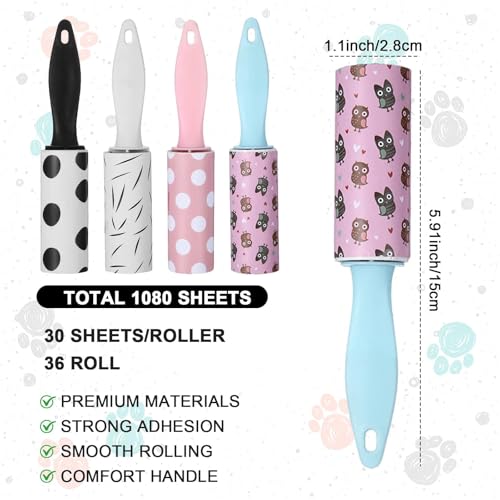 36 PCS Mini Lint Roller 1080 Sheets Rollers for Pet Hair Extra Sticky Travel Size Pet Hair Remover Compact Lint Roller for Clothes Portable Sticky Remover Dust Furniture Car Seat Gift Bags