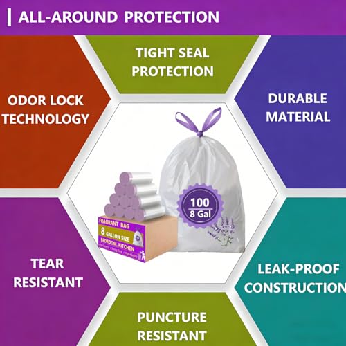 8 Gallon Trash Bags Drawstring, 120 Count Lavender Scented Leak Proof Medium Garbage Bags, 8 Gal Bin Bags Odor Control & Tear Resistant Can Liners for Kitchen Bathroom Bedroom Office - size: 1 Count (Pack of 110)