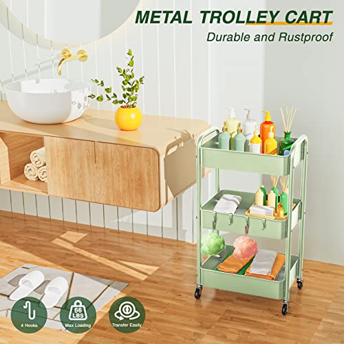 LEHOM 3 Tier Rolling Cart, Metal Rolling Utility Cart with Lockable Wheels & Hooks, Multi-Functional Heavy Duty Storage Cart Organizer for Bathroom, Kitchen, Office, Living Room - color: Green