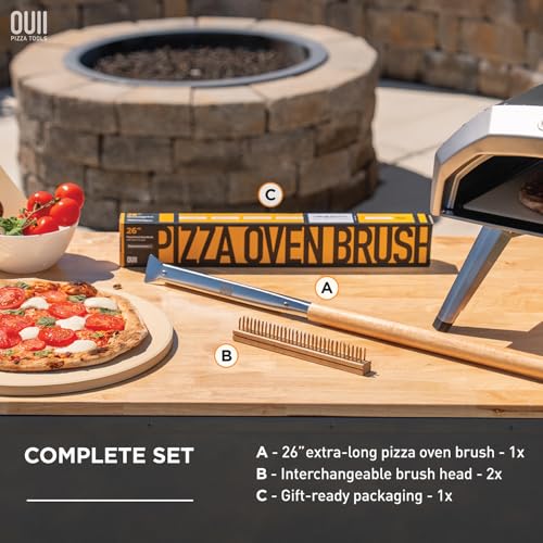 26'' Pizza Oven Brush with Stone Scraper - Includes 2 Brush Heads, Heat-Resistant Gold Stainless Steel Bristles - Long Grip Handle, Compatible with Ooni, Gozney, Blackstone, Solo Stove Ovens - color: Tan - 2 Brush Heads