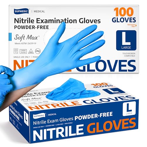 Supmedic Medical Soft Max™ Nitrile Exam Gloves, 100 Count Latex-Free Powder-Free Non-Sterile Food Safe Disposable Glove, Blue - color: Blue (Large)