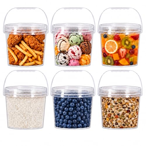 6 Pack 1 Gallon Food Grade Plastic Buckets with Screw Lids & Handle, Reusable Storage Containers for Snacks, Salad, Sauce - Clear Freezer Safe Bucket Set (Transparent) - color: Transparent, size: 6pack 1Gal
