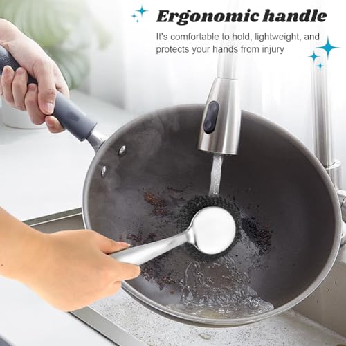 5Pcs Stainless Steel Wool Scrubber Sets, with Long & Short Handle & 3Pcs Detachable Pads, Metal Pot Scrubbers for Cleaning Dishes Iron Pots Stoves