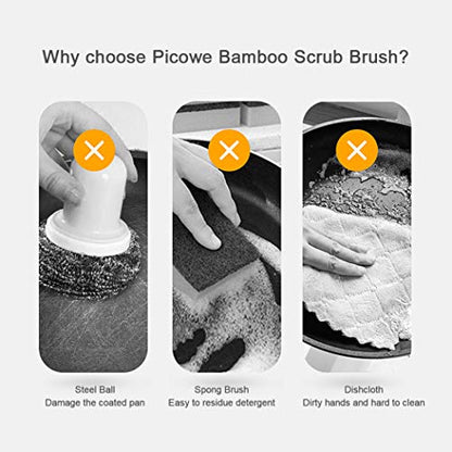 2 Pack Bamboo Dish Scrub Brush, Picowe Natural Scrub Cleaning Brush Vegetable Brush for Dishes Cast Iron Pots Pans, Used in Bathroom Kitchen Sink Household Cleaning