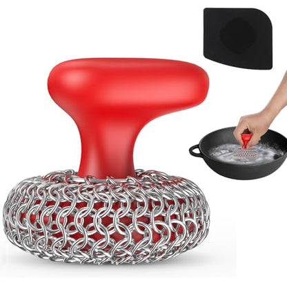 Cast Iron Scrubber | Dish Scrub Brush | 316 Cast Iron Cleaner Chainmail Scrubber for Pan Skillet Cleaner - Red - color: Red
