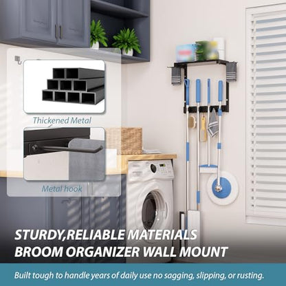 Broom Holder Wall Mount with Cleaning Supplies Organizer, Laundry Room Organization and Storage Shelves, Mop Hanger Broom Rack with Hooks, Home Improvement Kitchen Shelf Garage Organizer