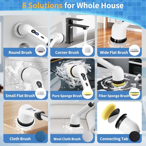 Electric Spin Scrubber, Powered Household Cleaning Brush with 8 Heads & 2 Modes- 52in Extendable Electric Shower Scrubber Deep Cleaner for Bathroom Bathtub Sink Bathroom, IPX7,Father's Day