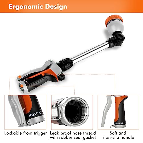 RESTMO Metal Watering Wand, Heavy Duty Garden Hose Wand with 180° Swivel Ratcheting Head, 16'' Hose Nozzle Sprayer with 7 Spray Patterns and Flow Control, for Water Hanging Baskets and Shrubs, Orange - color: Orange