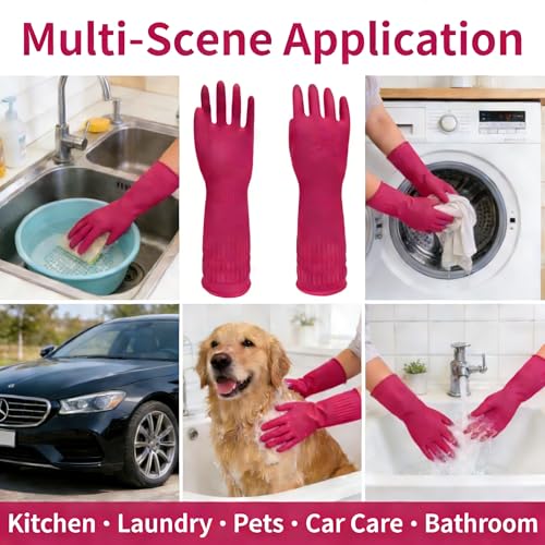 Long Cuff Rubber Cleaning Gloves for Household and Kitchen, Durable Dishwashing Gloves with Textured Grip, Medium Size Protection Reusable for Deep Cleaning, Mopping, and Car Detailing, Pink