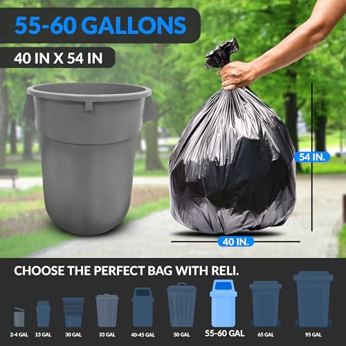 Reli. 55 Gallon Trash Bags Heavy Duty (100 Count) | Black | Twist Ties Included | Extra Tough, Leak-Proof Garbage Bags | Ideal for Large Clean Ups
