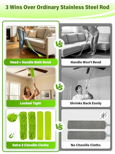 Bend-Free Gap Dust Cleaner Cleaning Tools Washable Flat Duster Brush with 4 Microfiber Chenille Dusting Cloths Long Handle 56 inches for Cleaning Under Appliances Furniture Couch Bed Fridge Ceilings