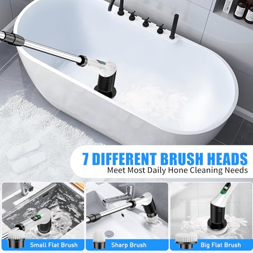 Electric Spin Scrubber, Cordless Power Cleaning Brush with 7 Replaceable Heads, Adjustable Long Handle, & LCD Display, IPX7 Waterproof Shower Scrubber for Bathroom, Tub, Tile, Kitchen & Car