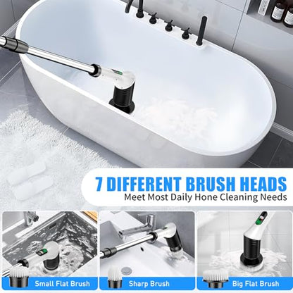Electric Spin Scrubber, Cordless Power Cleaning Brush with 7 Replaceable Heads, Adjustable Long Handle, & LCD Display, IPX7 Waterproof Shower Scrubber for Bathroom, Tub, Tile, Kitchen & Car