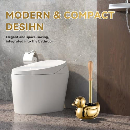 Gold Toilet Brush and Holder Set - Wooden & Stainless SteelHandle Gold Toilet Bowl Brush and Holder with Replaceable Head- Dense Bristles for Thorough Cleaning,Duck Design for Bath Decor Storage