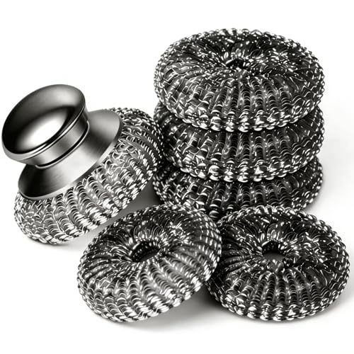 6pcs Steel Wool Scrubber with Replacement Wire Sponge Pads Set, Stainless Steel Scrubber for Dishes, Perfect for Cleaning Metal Pans, Pots, Grills & More, Sink(1 Scrubber+5 Pads)