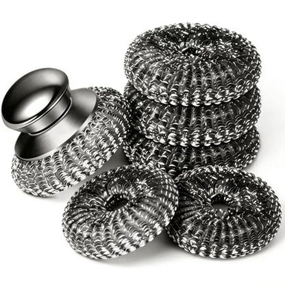 6pcs Steel Wool Scrubber with Replacement Wire Sponge Pads Set, Stainless Steel Scrubber for Dishes, Perfect for Cleaning Metal Pans, Pots, Grills & More, Sink(1 Scrubber+5 Pads)