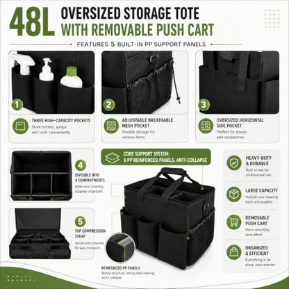 Cleaning Tools Cleaning Caddy with Wheels and Cleaning Apron, Large Rolling Cleaning Caddy Bag with Detachable Trolley, 6PCS Crevice Cleaning Brush Set, Adjustable Shoulder Strap & Multiple Pockets