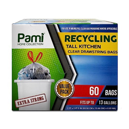 PAMI Recycling Tall Kitchen Drawstring Trash Bags- Extra-Strong Plastic Garbage Bags- Thick Trash Can Liners For Kitchen & Outdoor Bins- 2ft x2ft Unscented Trash Bags (13 Gallon – 60 Count – Clear) - style: 13 Gallon – 60 Count – Clear